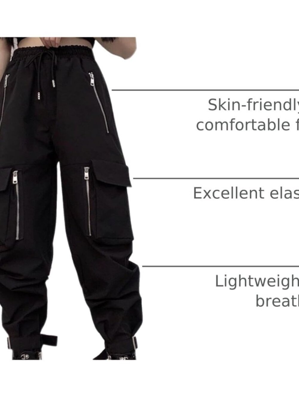 Black Cargo Pants Women Loose Chained Multi-Pocket Multi-Zip Punk Goth Pants - Picture 4 of 7